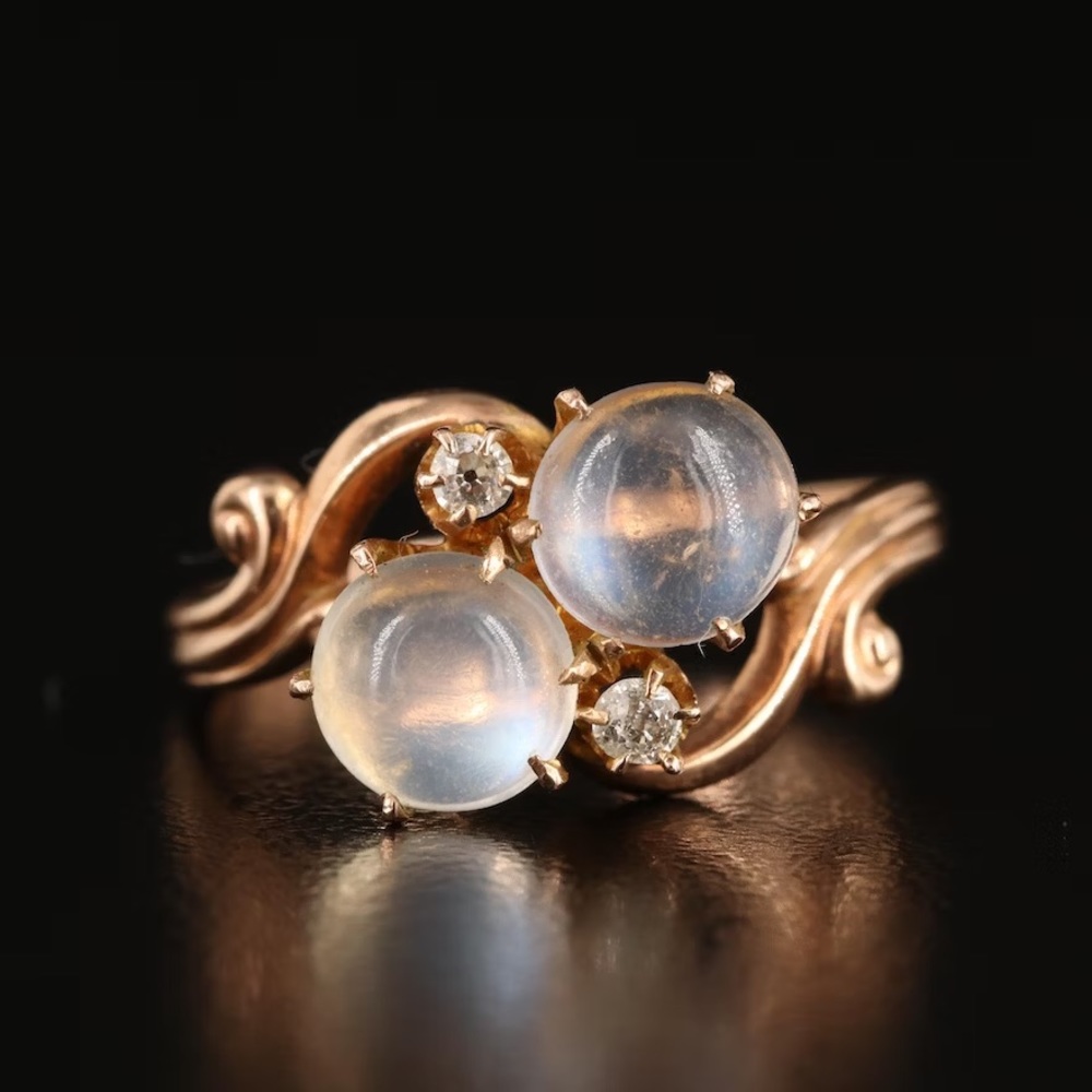 RARE Antique Victorian Era 1900s Rose Gold, Diamond, Moonstone Moi et Toi Ring - Picture 1 of 7